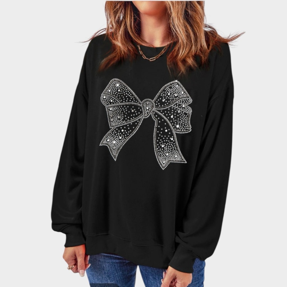 ONE LEFT! 901. Black Sweatshirt with Rhinestone Bow